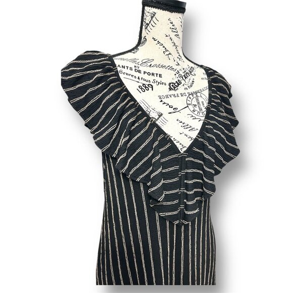 New Zara Size L Black Striped Ruffle V-Neck Midi Dress Sleeveless Open Back Boho - Picture 3 of 9